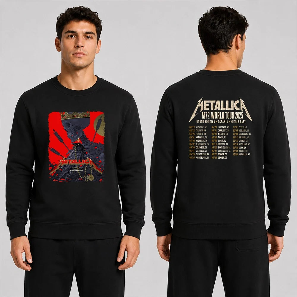 Metallica M72 World Tour May 9 2025 Historic Crew Stadium Columbus Ohio United States 2 side T-shirt by Vance Kelly featuring a crowned skeleton, black raven, arrows, thorny roots, gold medallion and M72 tour back print.